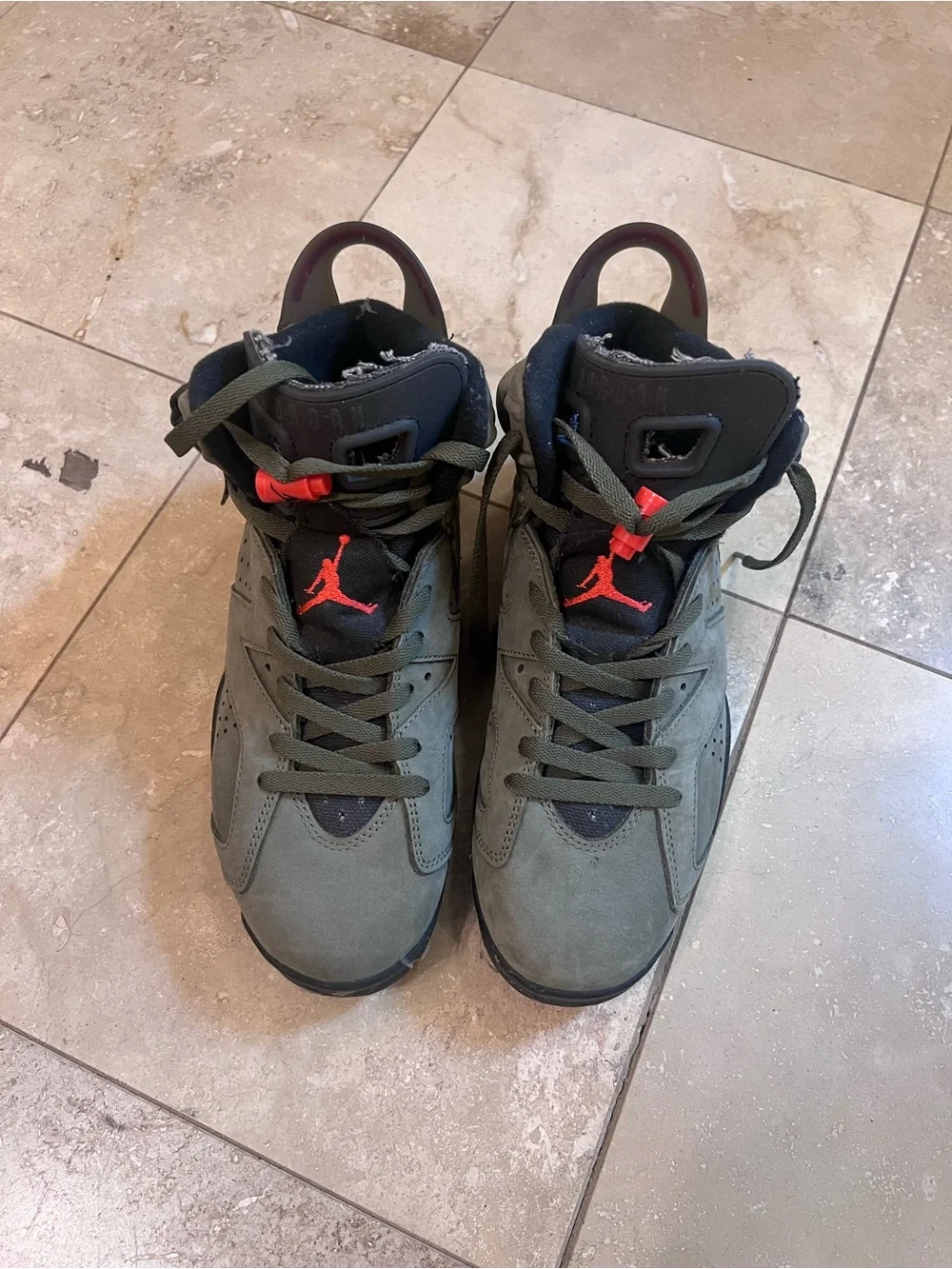 Jordan Olive Green and Black High-Top Sneakers with Red Accents